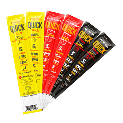 Combo Misto Quick Stick Protein — 6 Sticks com os 3 Sabores (Carne, Churrasco e Frango)