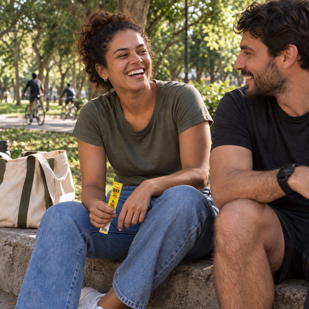 Amigos no parque com Quick Stick Frango